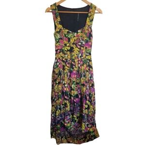 W118 Walter Baker Dark Yellow Pink Floral High-Low Hem Dress Back Cutout XS